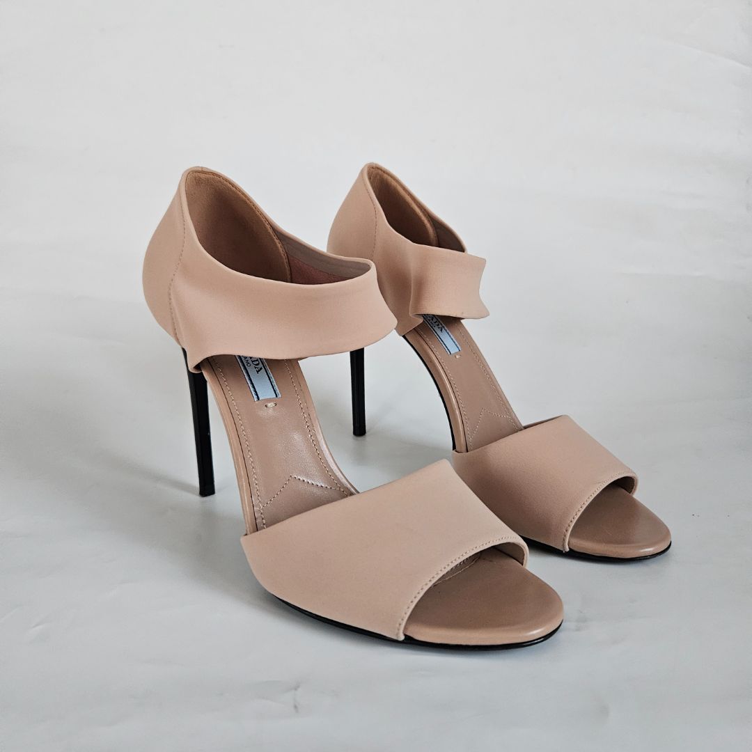 Prada nude neoprene ankle wrap sandal heels, 37.5