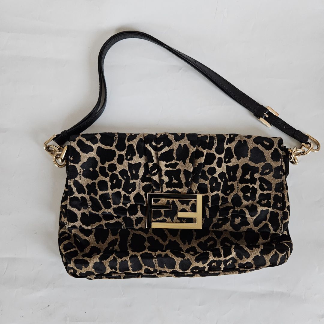 Fendi Black Canvas Animal Print Jacquard New Forever Flap Shoulder Bag