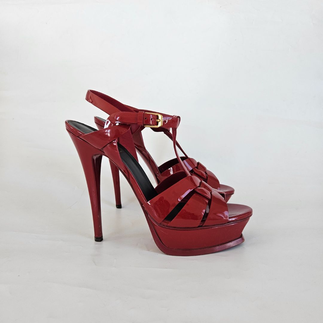 Saint Laurent Red Leather Patent Tribute Sandals, 39.5