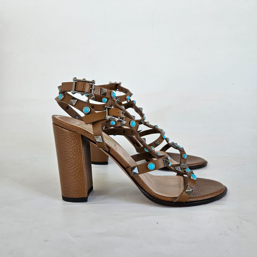 Valentino brown leather rockstud embellished sandal heels, 37.5