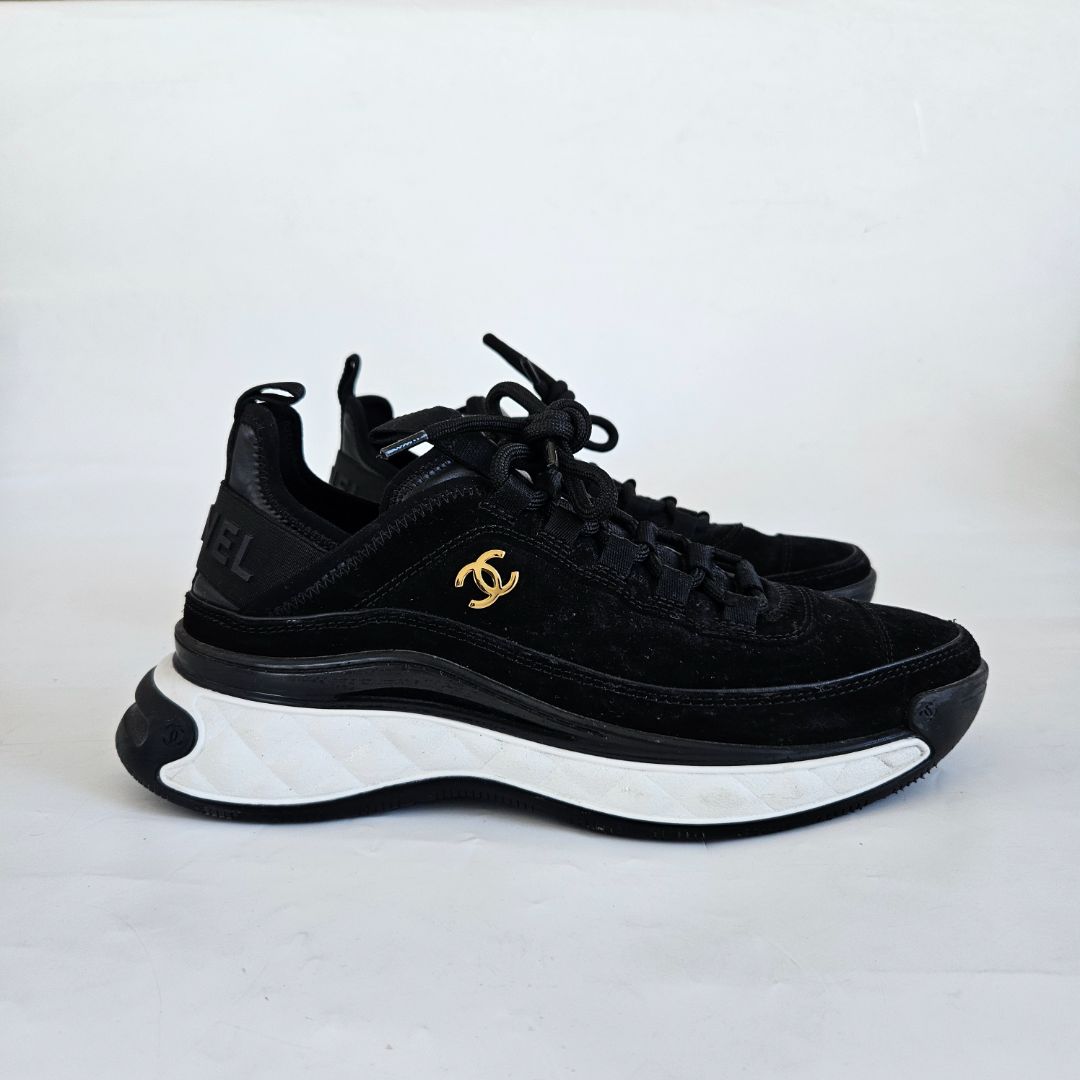 Chanel Black Suede CC Low Top Sneakers, 38