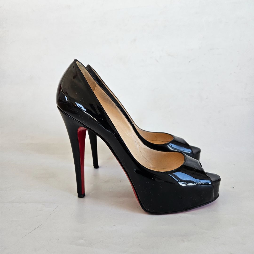 Christian Louboutin Black Patent Peep Toe Pumps, 38.5