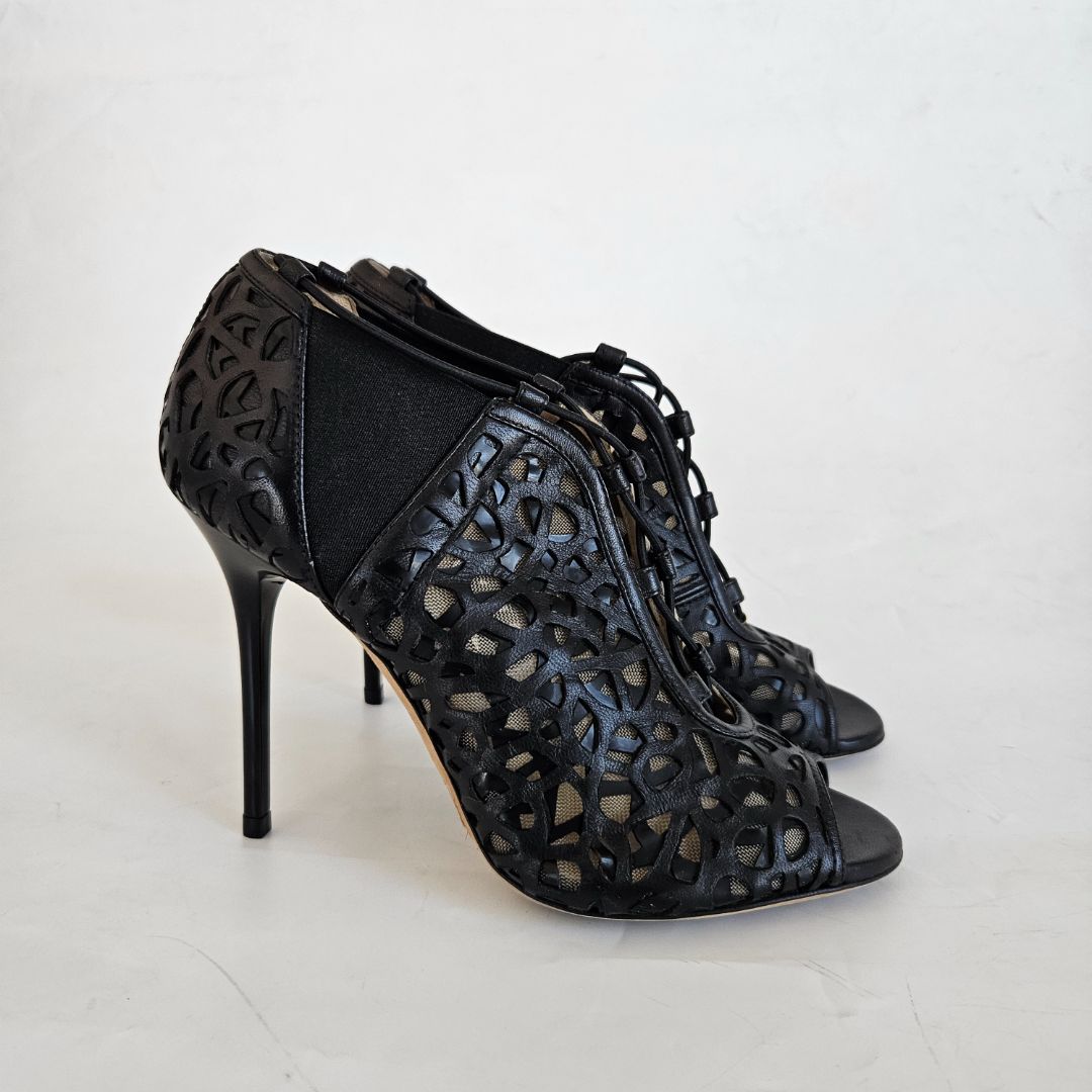 Jimmy Choo black laser cut peep toe bootie heel, 36