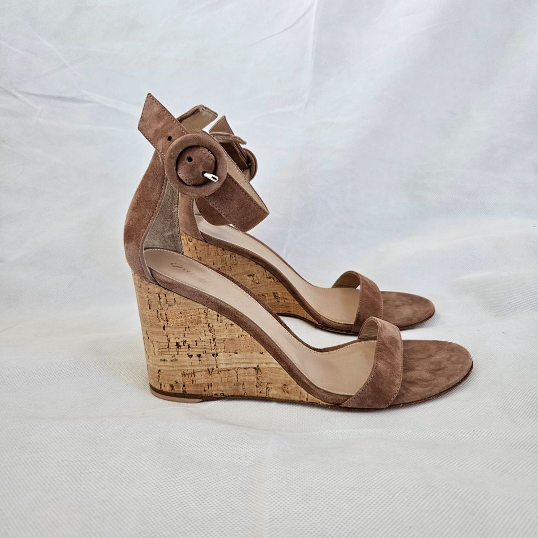 Gianvito Rossi Pink Suede Cork Wedge Sandals, 38