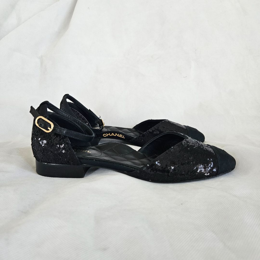 Chanel Black Sequin Ballerina Flat w/ ankle strap,38.5