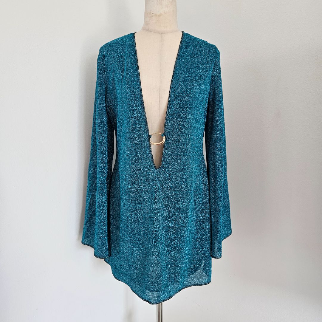 Oseree Lumière embellished blue metallic stretch-knit kaftan