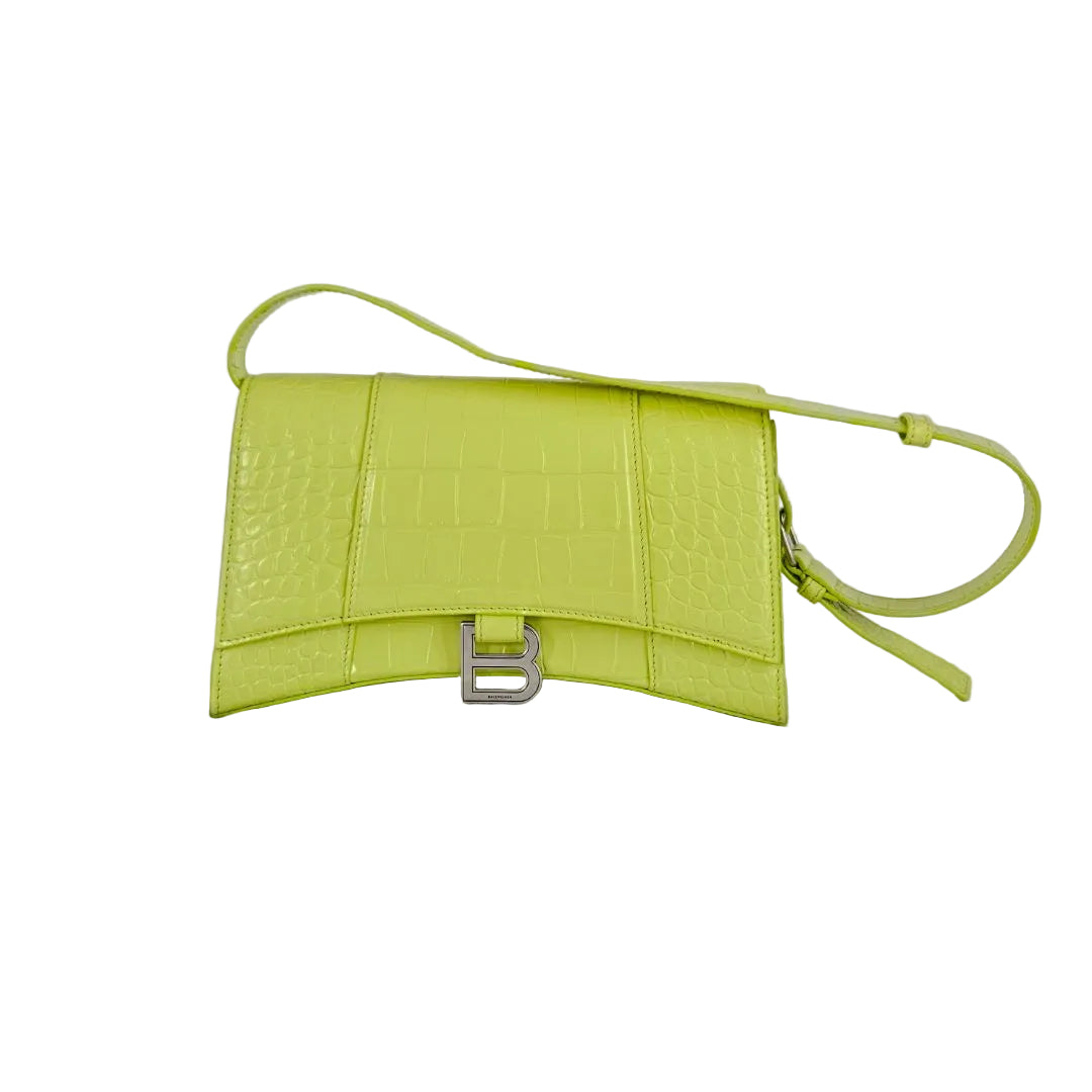 Balenciaga yellow hourglass croc embossed bag with strap