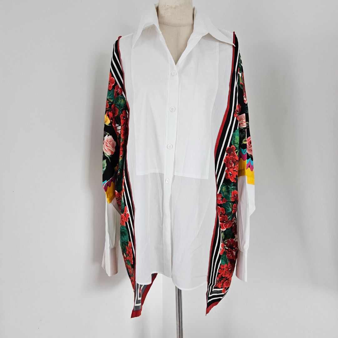 Dolce & Gabbana red yellow floral scarf silk insert white high low shirt