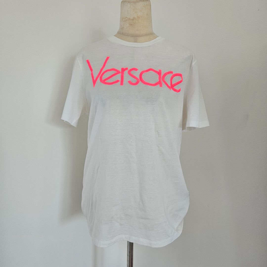 Versace Hot Pink Embroidered White Cotton T-Shirt