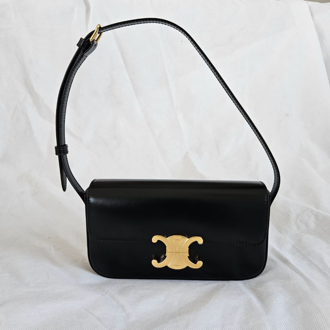 Celine Triomphe Claude Black Shiny Calf Leather Shoulder Bag