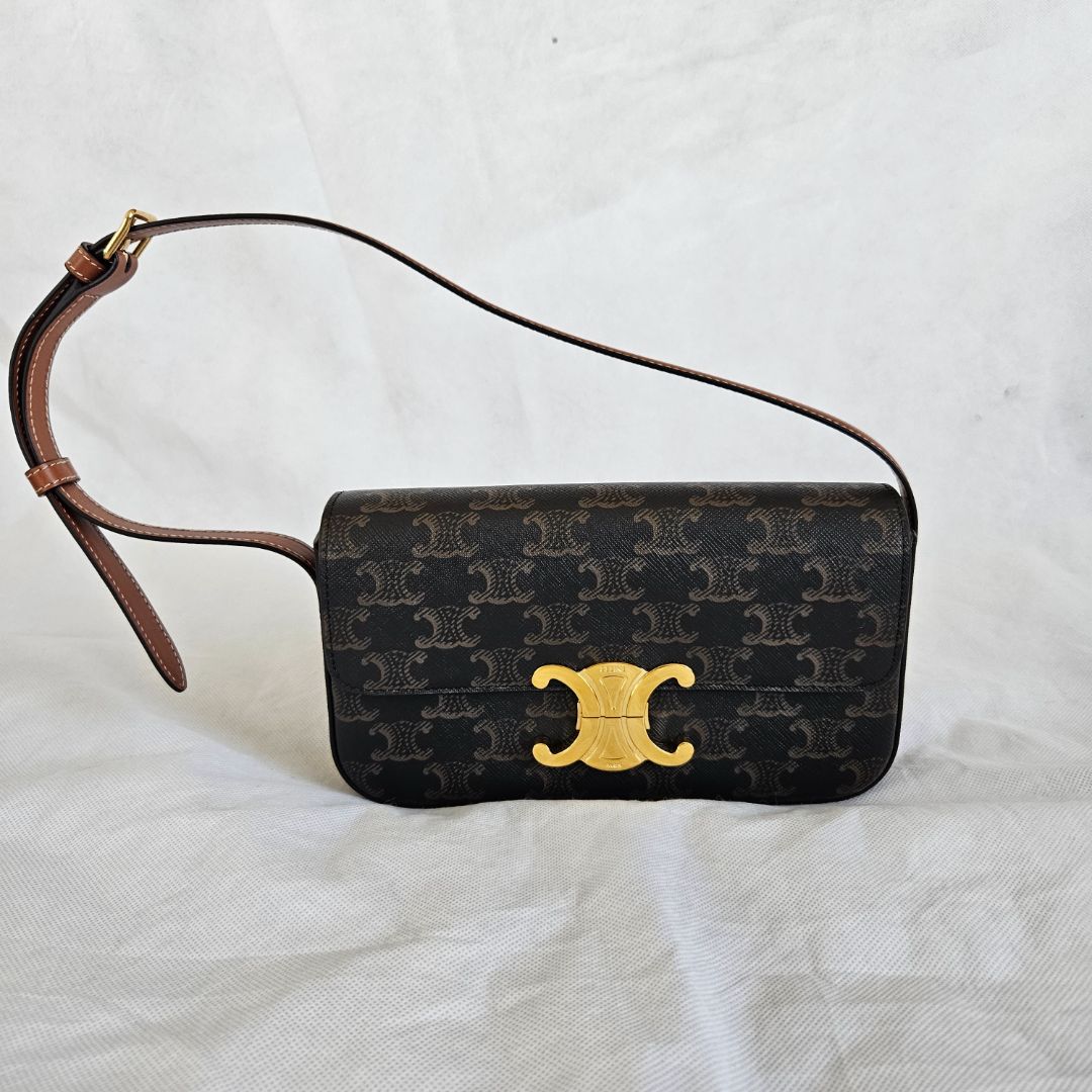 Celine Triomphe Claude Brown Canvas and Leather Shoulder Bag