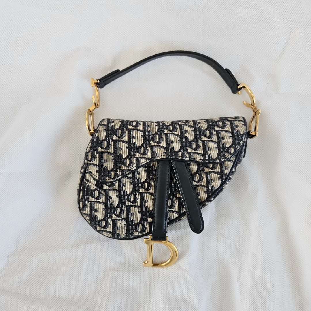 Dior Navy Blue Oblique Canvas and Leather Mini Saddle Bag