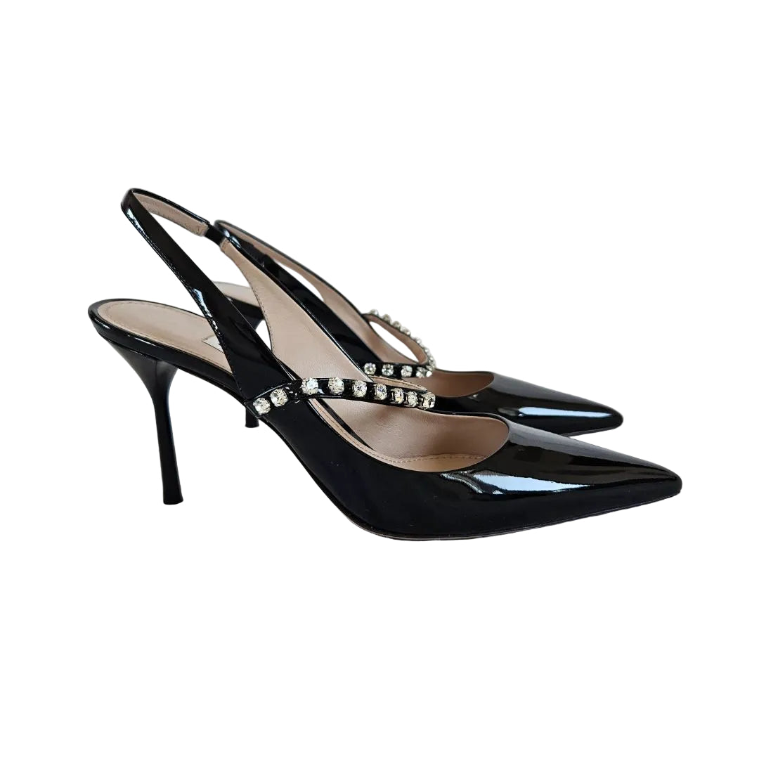 Miu Miu Black Patent Leather Crystal Strap Slingback Pumps Shoes, 38