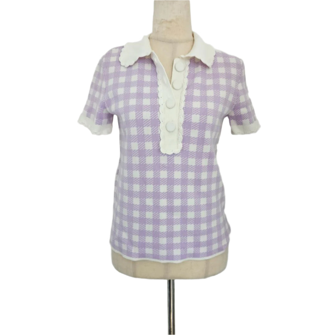 Maje purple check knit top with white buttons