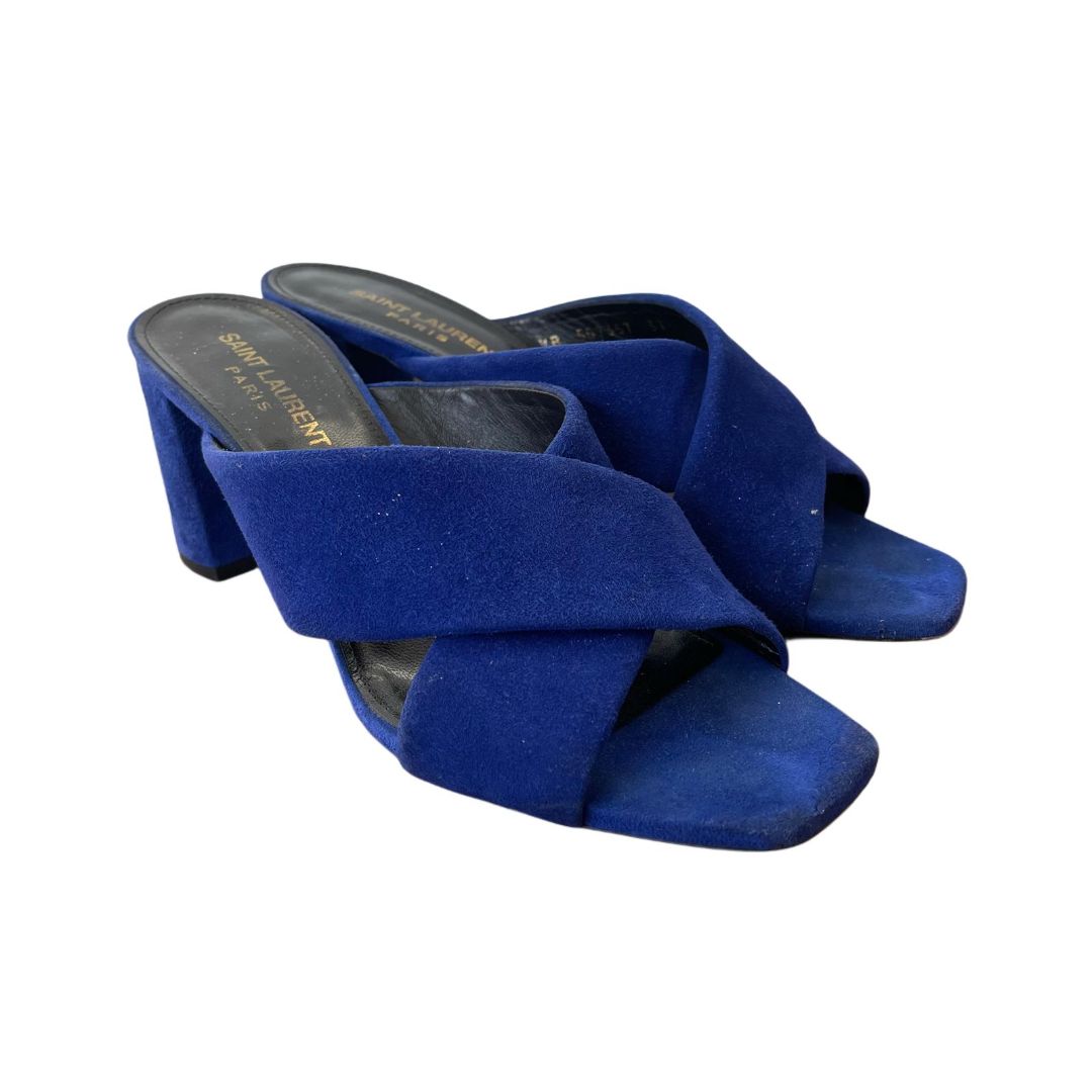 Saint Laurent Blue Crisscross Lou Lou Block Heel Mules