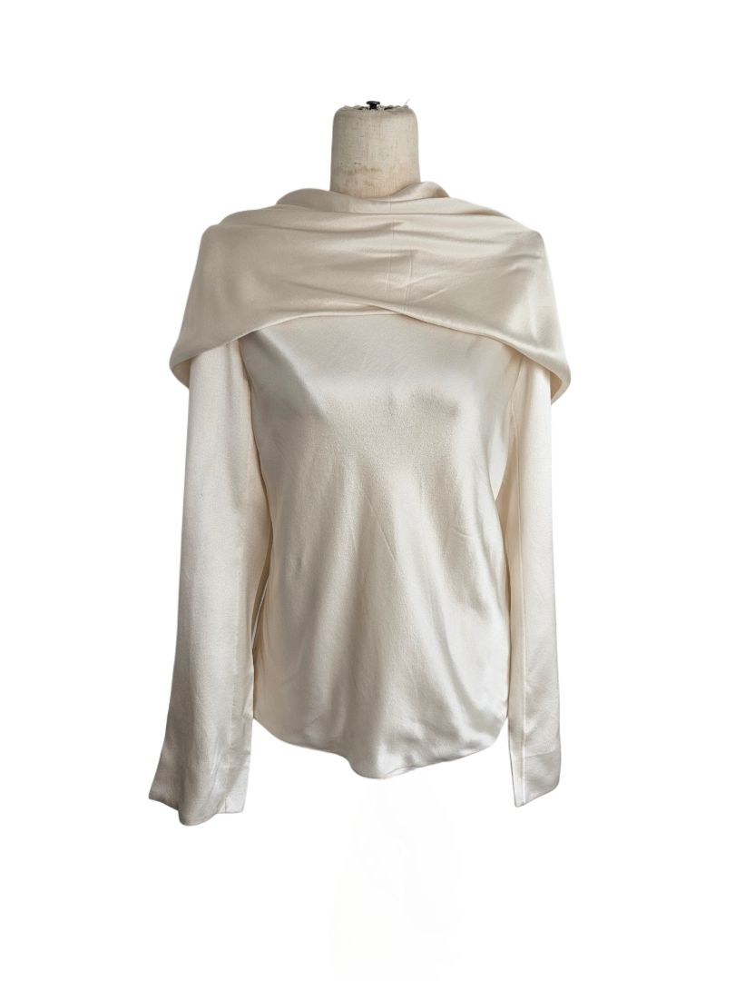 Saint Laurent Cream Silky Drape Padded Shoulder Top cowl-back silk blouse