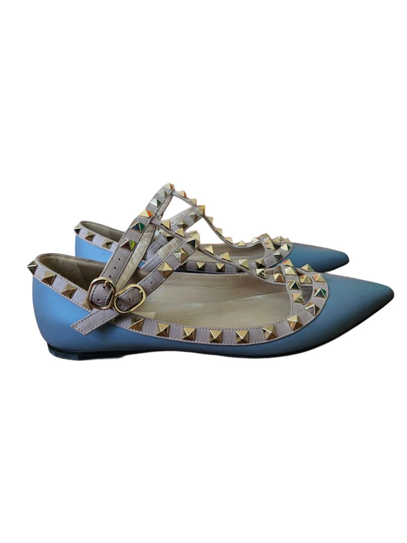 Valentino Pale Blue/Beige Leather Rockstud Caged Pointed Toe Ballet Flats, 37