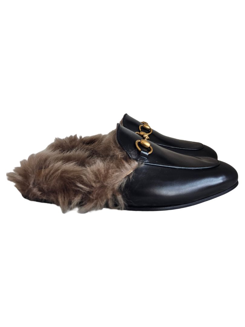 Gucci Black Leather and Fur Horsebit Princetown Flat Mules