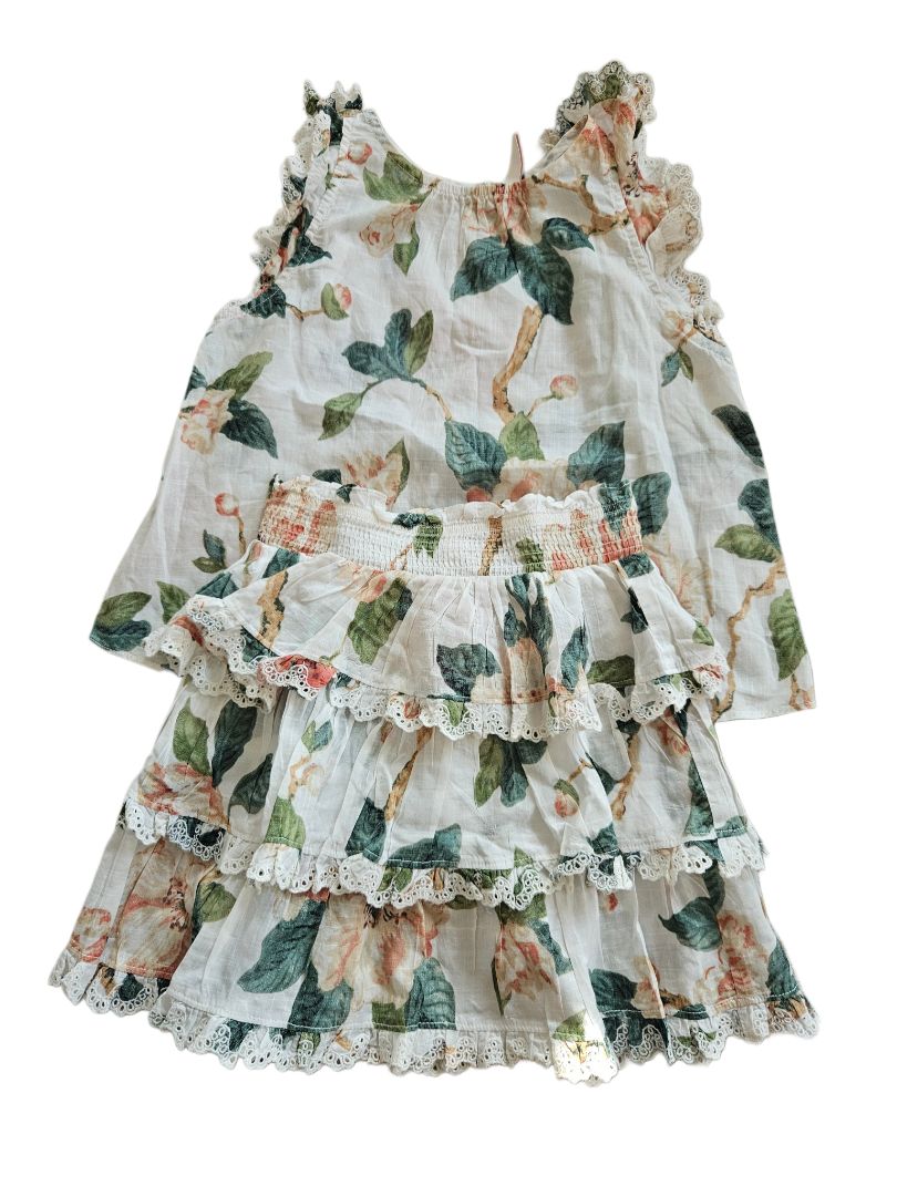Zimmermann Floral Print Sleeveless Top W/ Layered Skirt Set For Girls