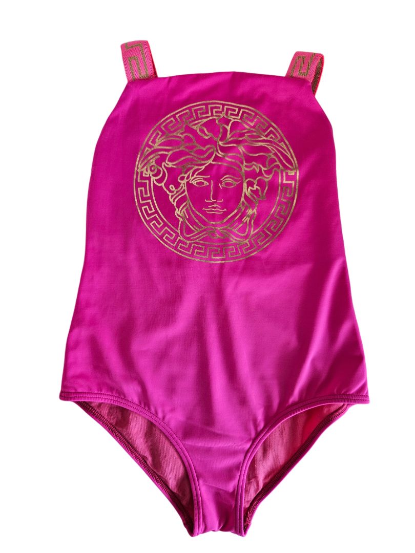 Versace Pink Medusa Head Greca Strap One Piece Swimsuit For Girls