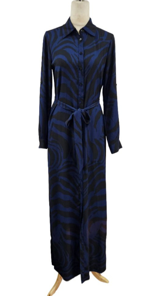 Diane Von Furstenberg Blue /Black Long Slee Button Belted Dress