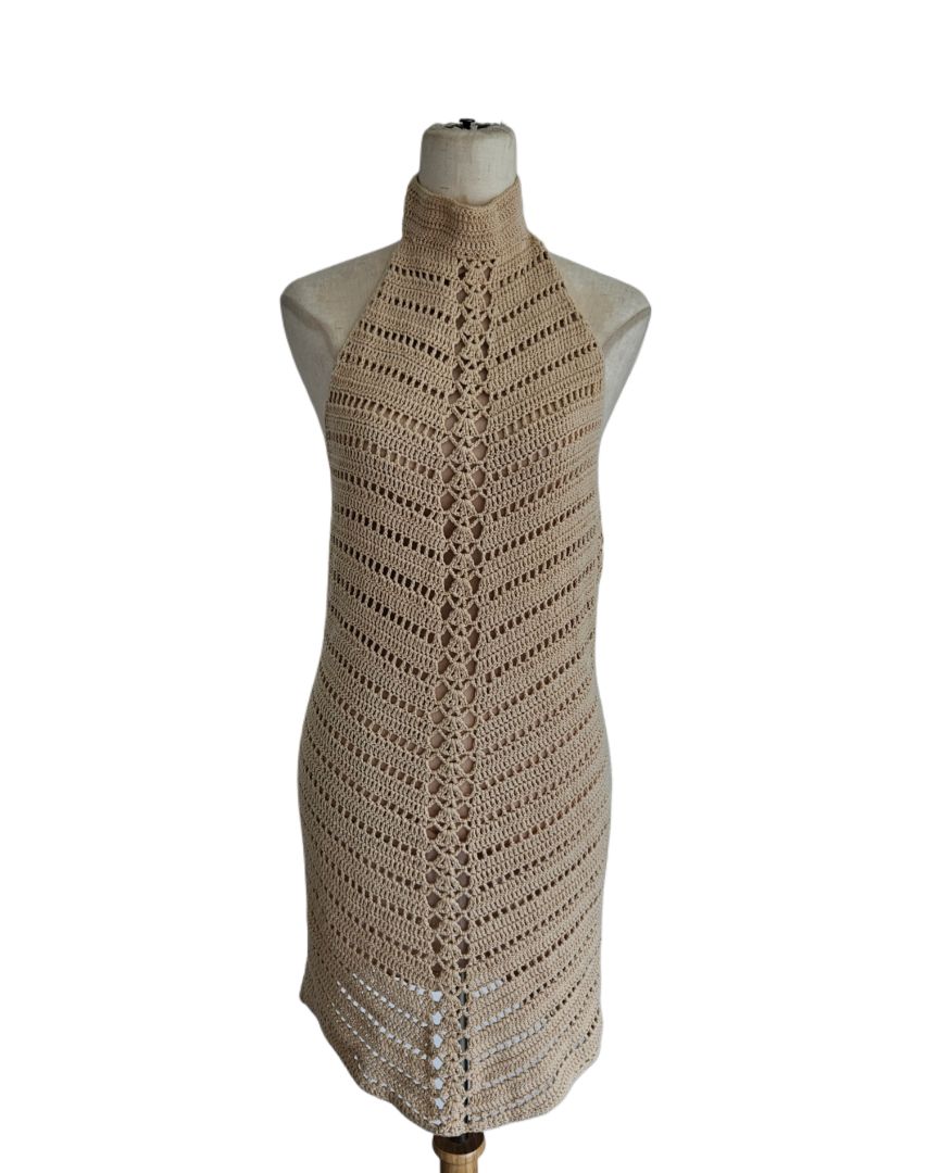 Beige Cut Out Perforated Off Shoulder Dress