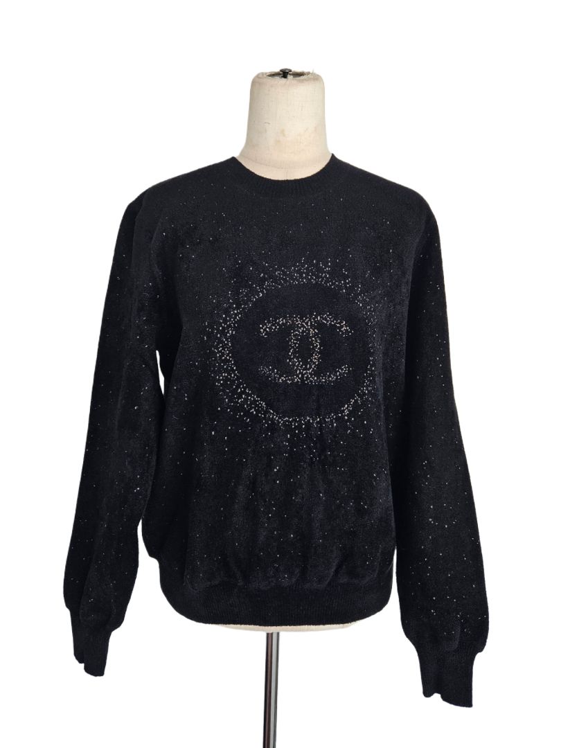 Chanel Black CC Intarsia Knit Crewneck Sweatshirt
