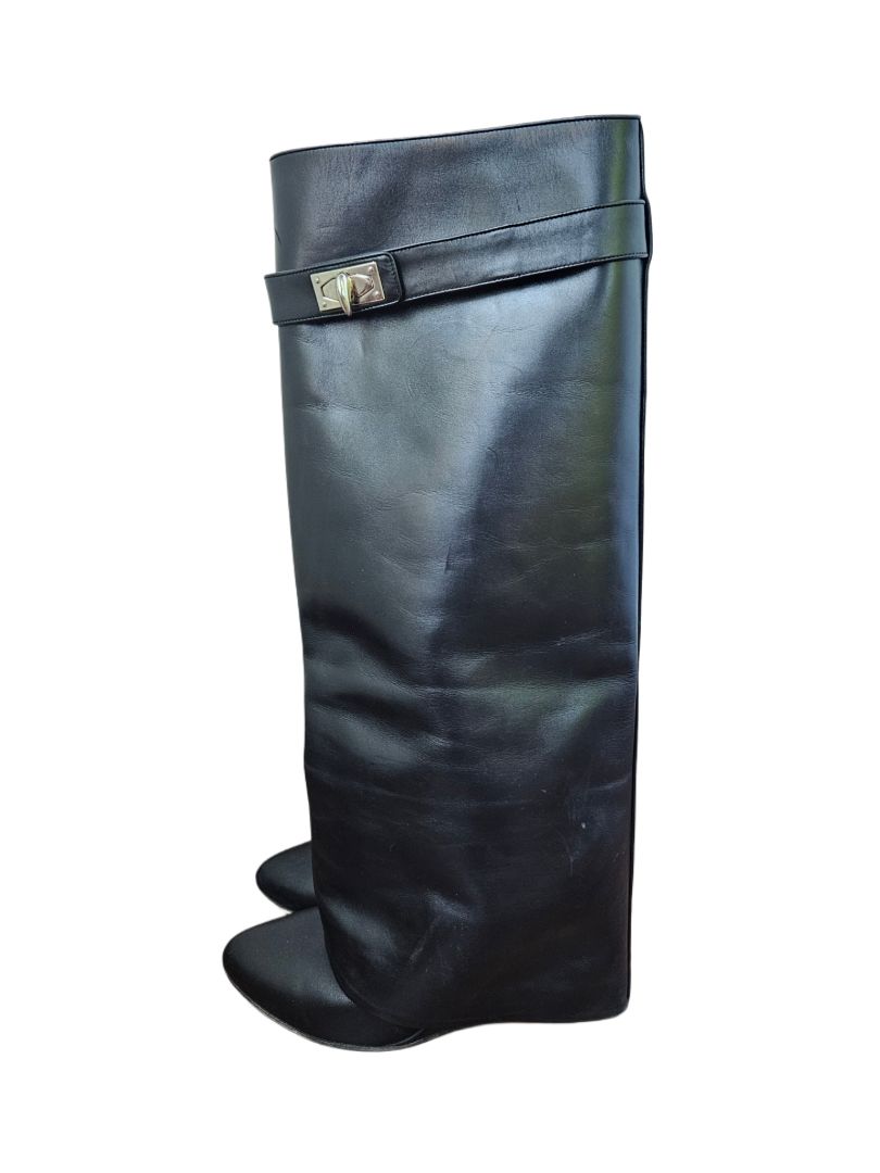 Givenchy Black Shark Lock Leather Knee High Boots