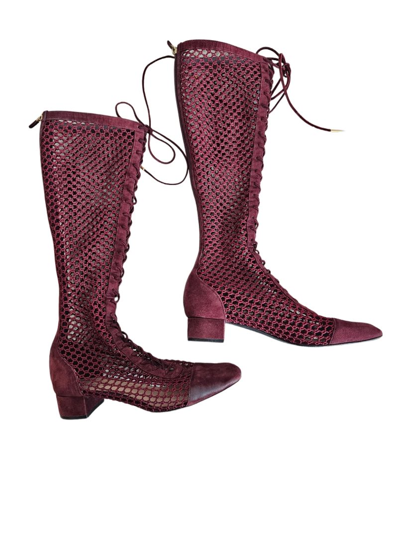 Dior Burgundy Mesh & Suede Naughtily D Knee Length Boots, 39