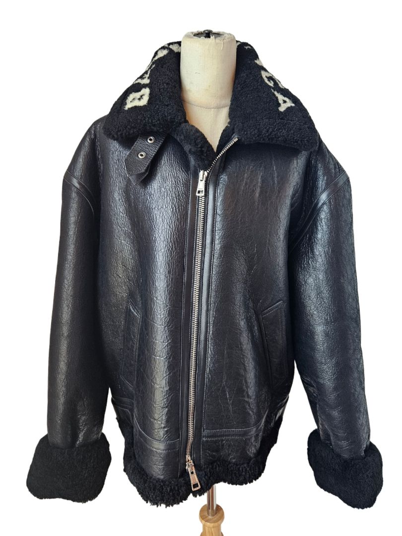 Balenciaga Black Leather and Shearling Logo Jacket