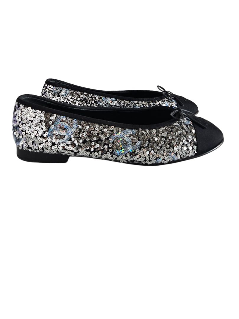 Chanel Black/Silver Sequin Ballerina Flats, size 40.5