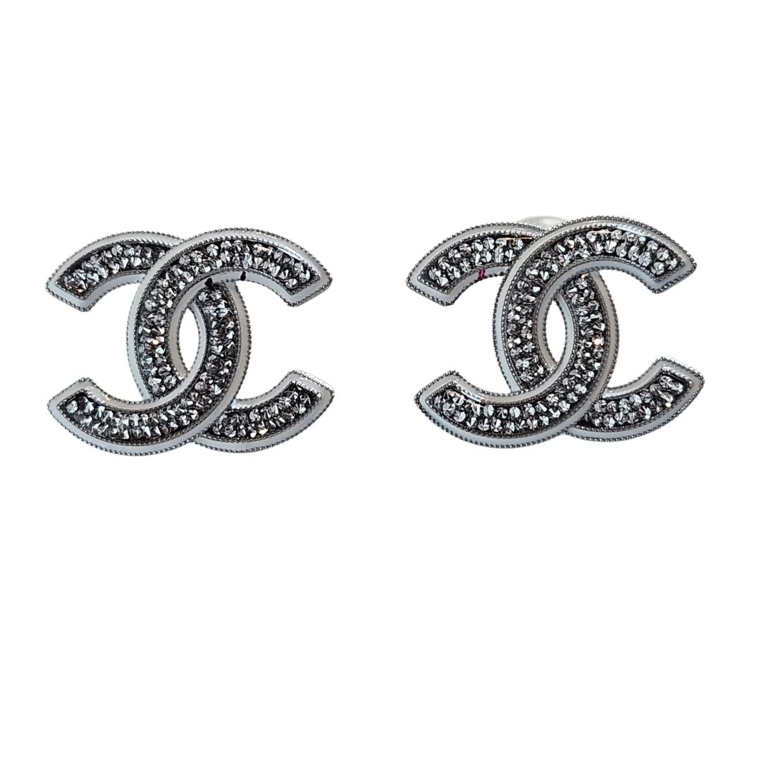 Chanel Silver Crystal Embellished Large Stud Earring