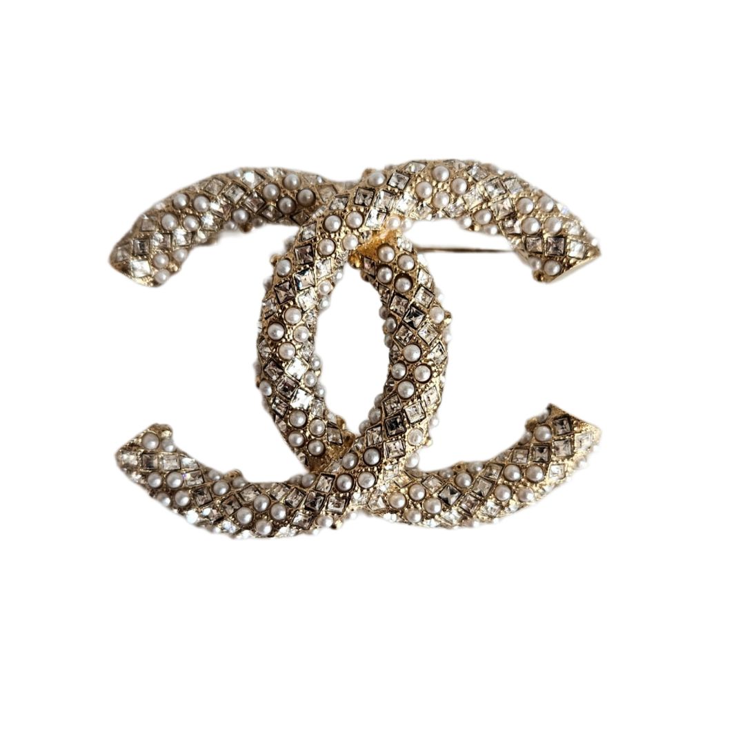 Chanel Gold Tone CC Crystal/Pearl Embellished Brooch