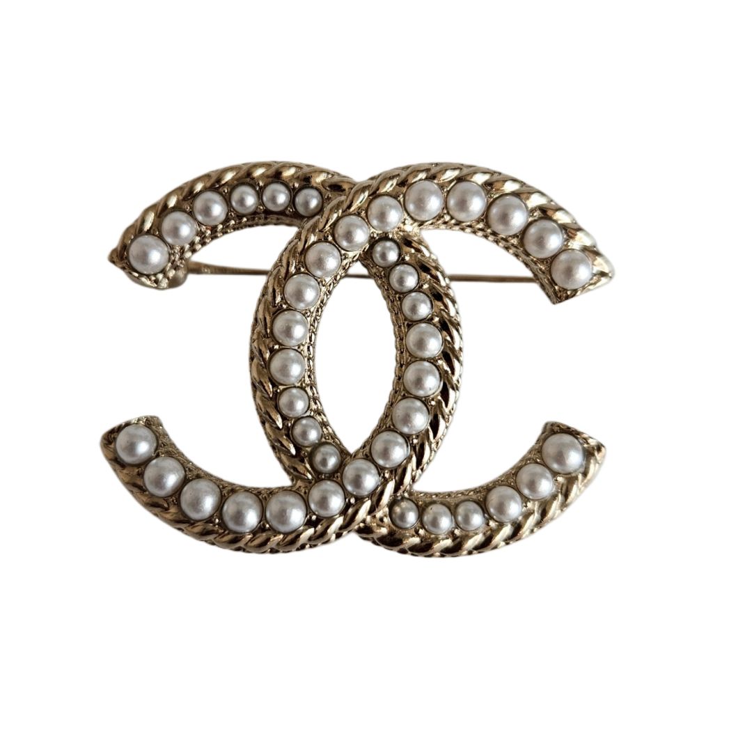 Chanel Gold Tone Faux Pearl CC Pin Brooch