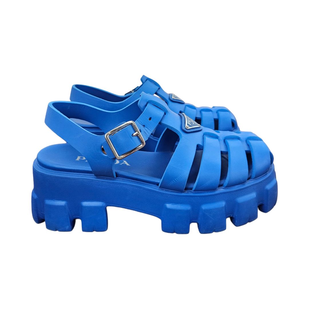 Prada Blue Rubber Monolith Sandals, size 38