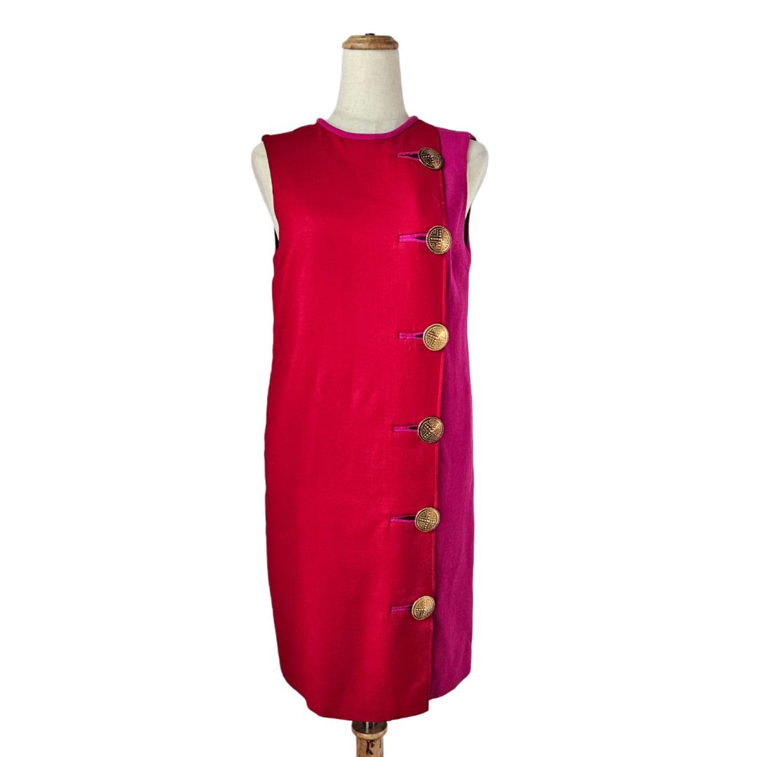 Fausto Puglisi Red and Pink Bicolor Sleeveless With Gold Buttons Mini Dress