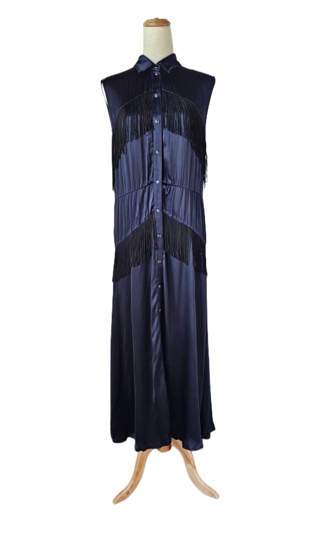 Ganni Navy Maxi Button Up With Black Fringe Detail Sleeveless Dress