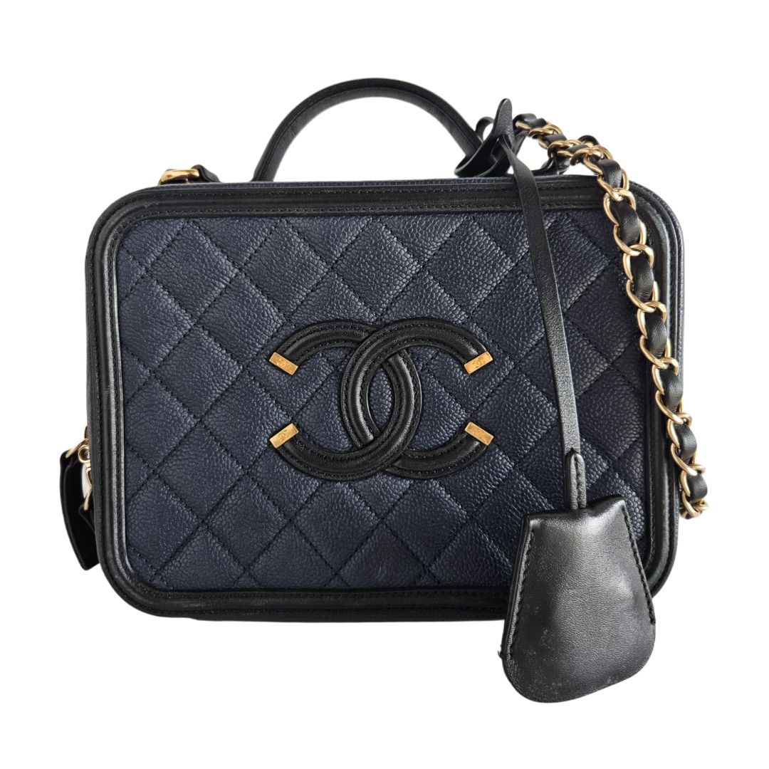 Chanel Black/Navy Caviar Leather Filigree Vanity Bag