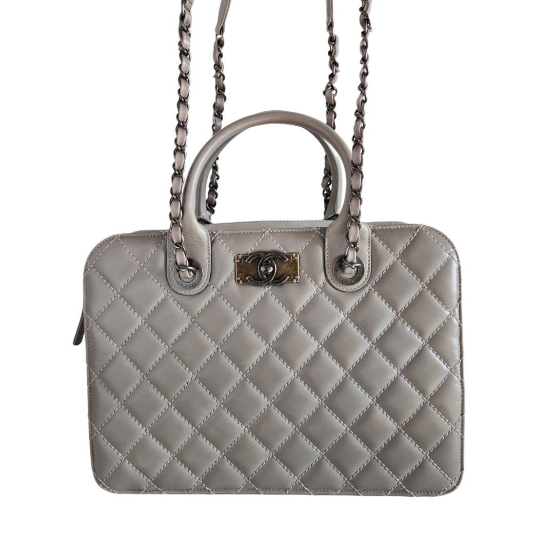Chanel Grey Briefcase Calfskin Oil Waxed Leather Top Handle Chain Shoulder Bag