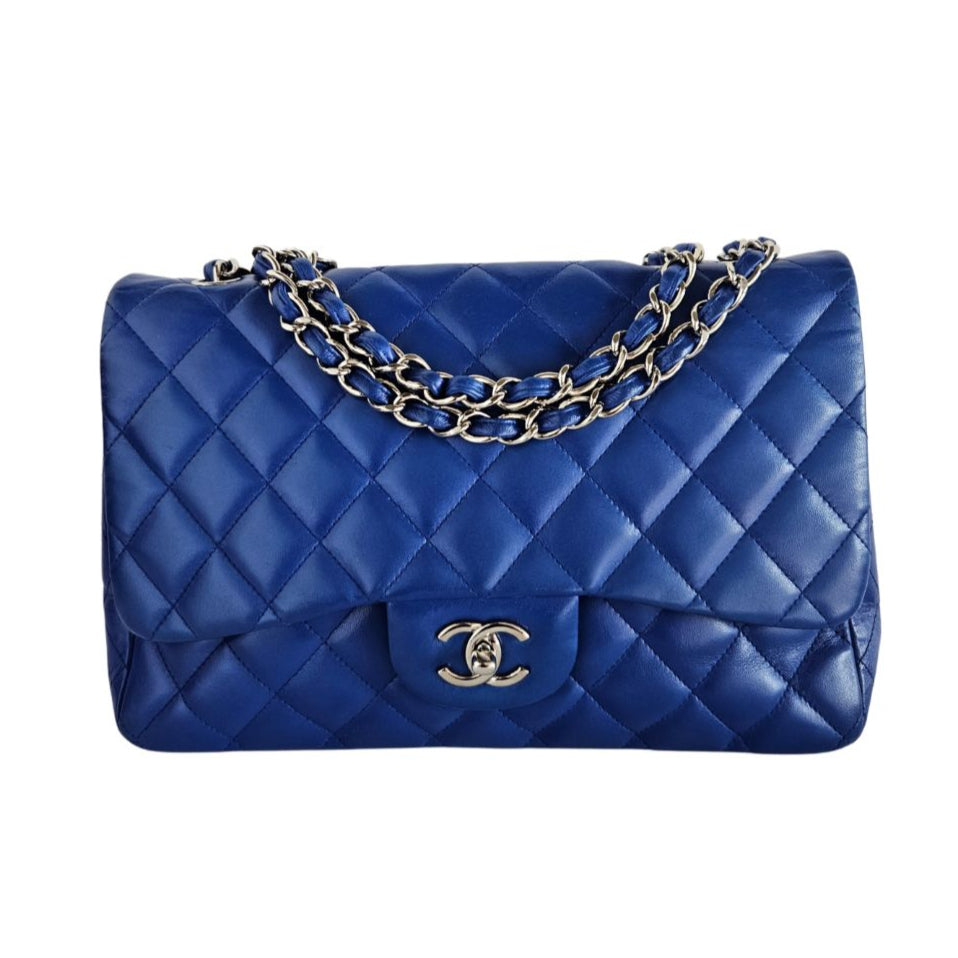 Chanel Blue Leather Jumbo Classis Single SHW Flap Bag