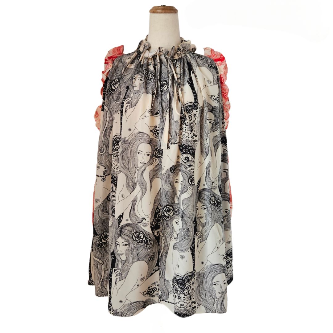 Alexander McQueen Tricolor Eve Printed Silk Dropped Sleeve Blouse