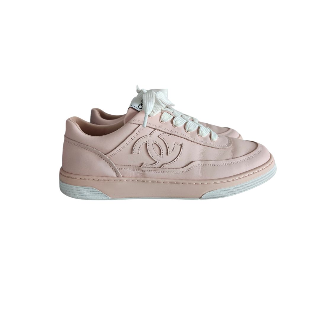 Chanel CC Pink Leather Lace Up Sneaker, size 38
