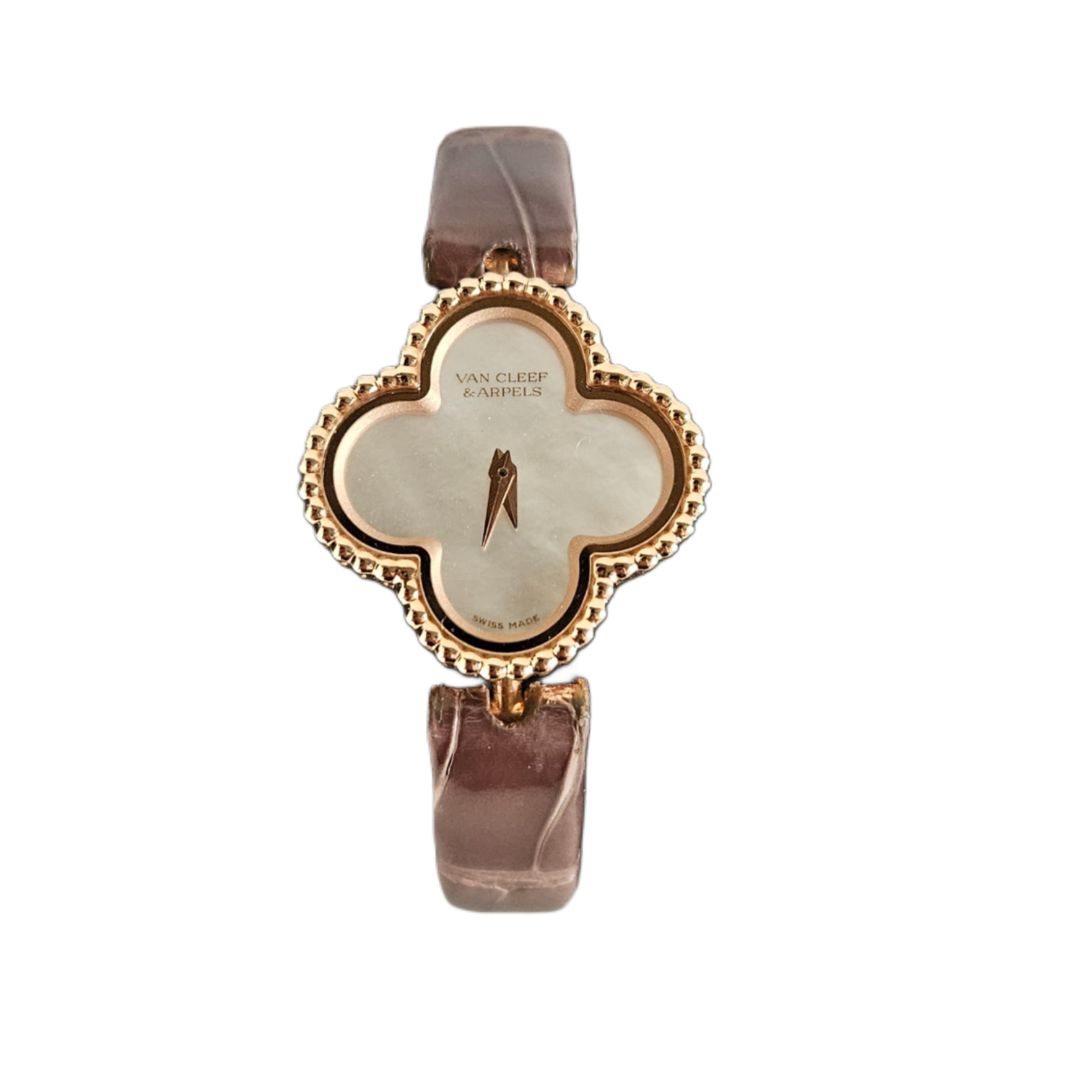 Van Cleef & Arpels Mother of Pearl 18k Rose Gold Alligator Sweet Alhambra (full set with certificate and extra strap)