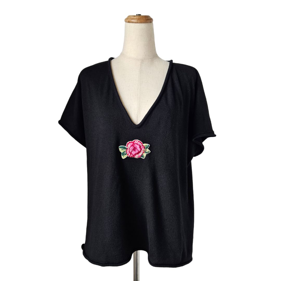 Chanel Black With Flower Beaded Embroidered V Neck Short Sleeve Topp