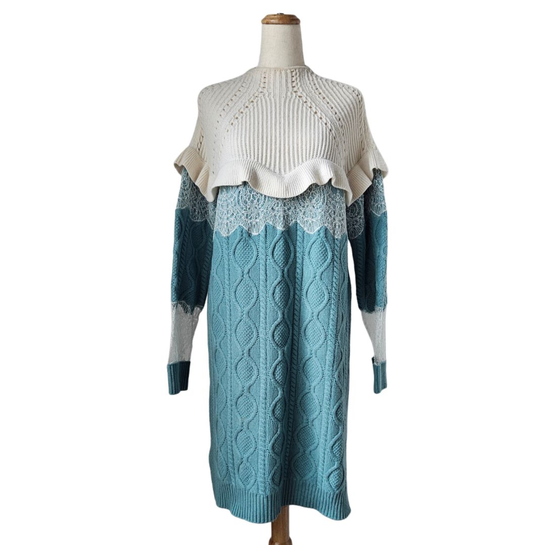 Fendi Green/Cream Wool Blend Cable Knit Lace Trim Ruffled Sweater Dress