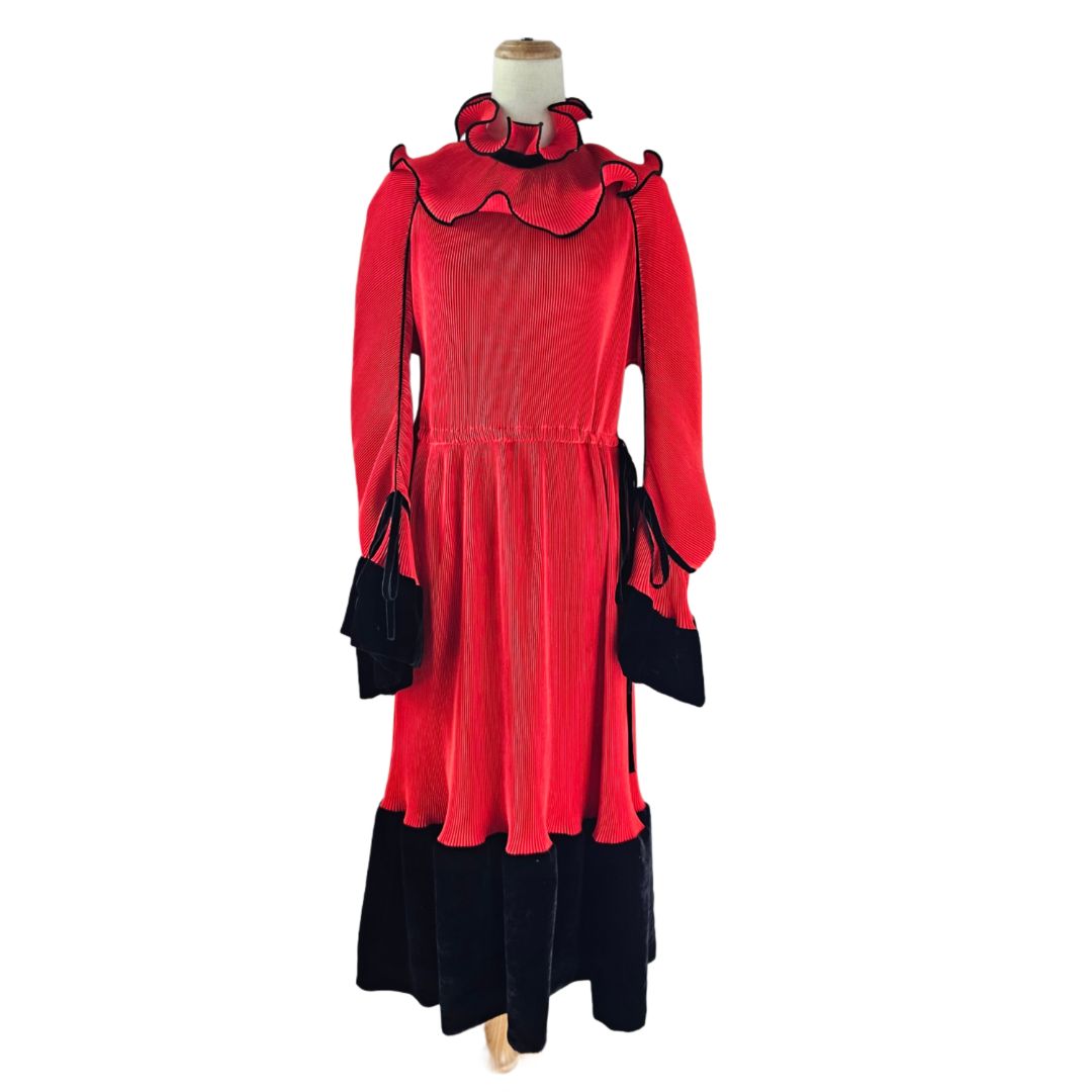 Tory Burch Red/Black Pleated Ruffle Long Sleeve Dress