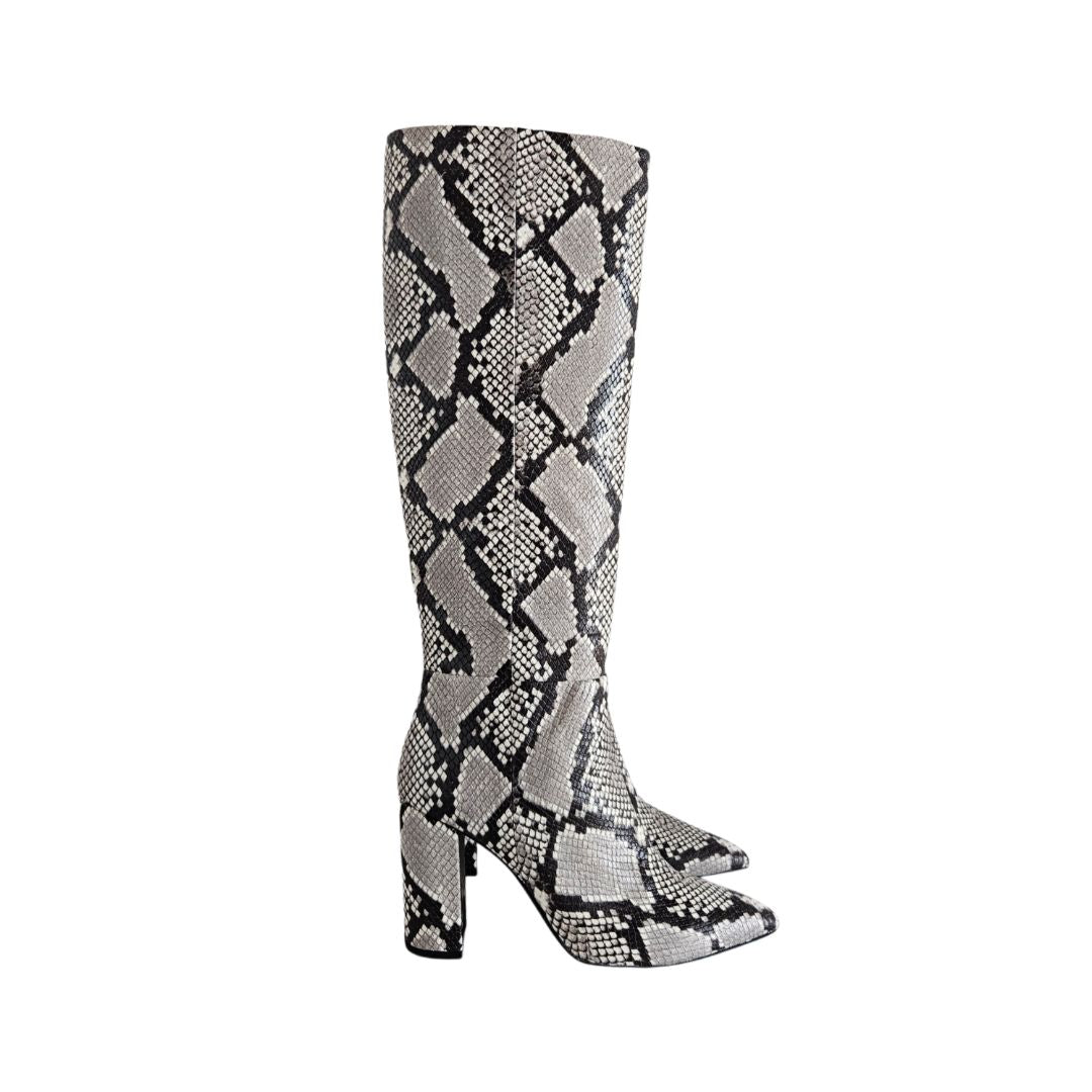 Bruno Premi Snakeskin Print Knee High Heeled Boots