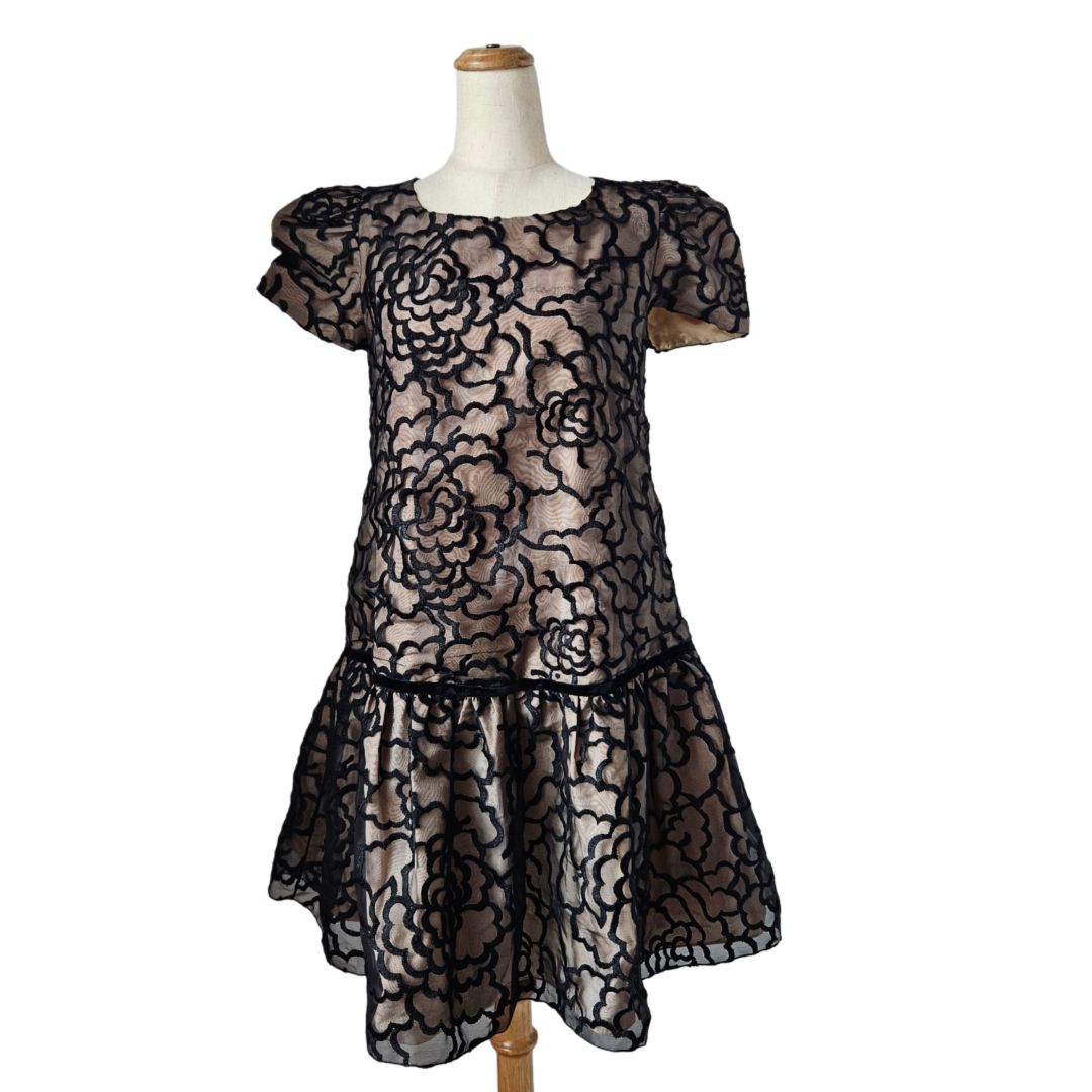 Ingie Black/Beige Embroidered Detail Short Sleeve Midi Flared Dress