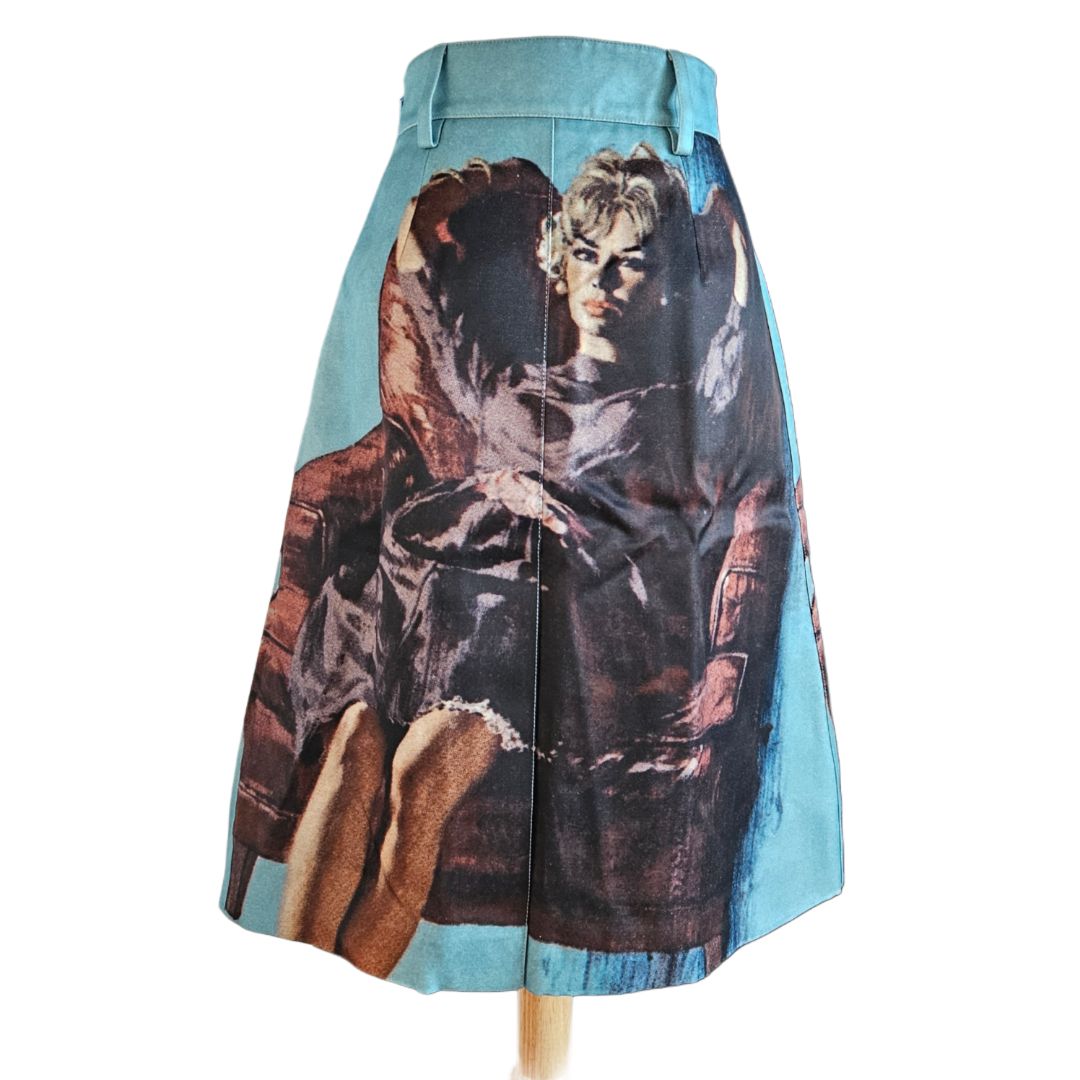 Prada Blue Abstract Printed Wool & Silk Knee Length Skirt
