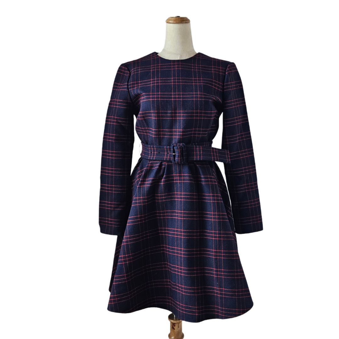 Christian Dior Navy Blue/Red Belted Flared Checkered Long Sleeve Dress
